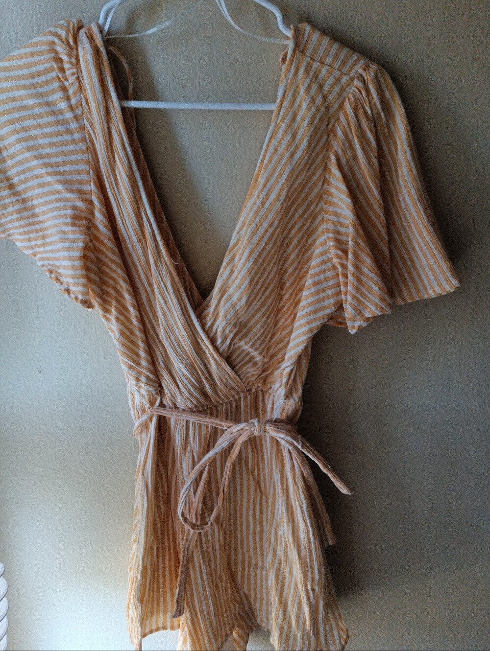 Francesca's Striped Cream and Yellow Wrap Romper